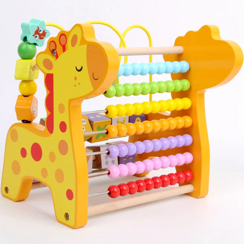 Brinquedo Educativo Multifuncional de Madeira 3 em 1 | Abaco Labirinto Amarado e Cubo Giratório