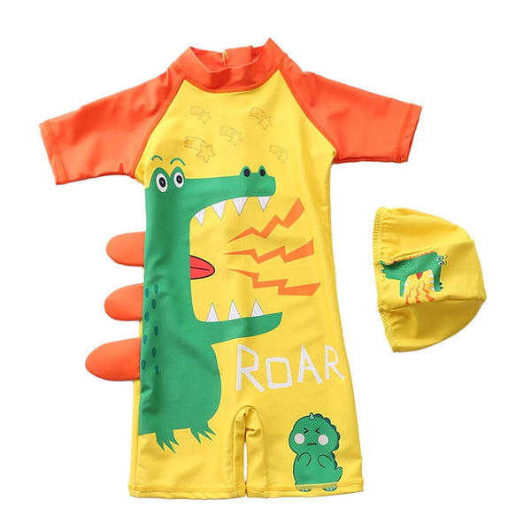 Macaquinho de Praia Infantil Manga Curta Dino Amarelo