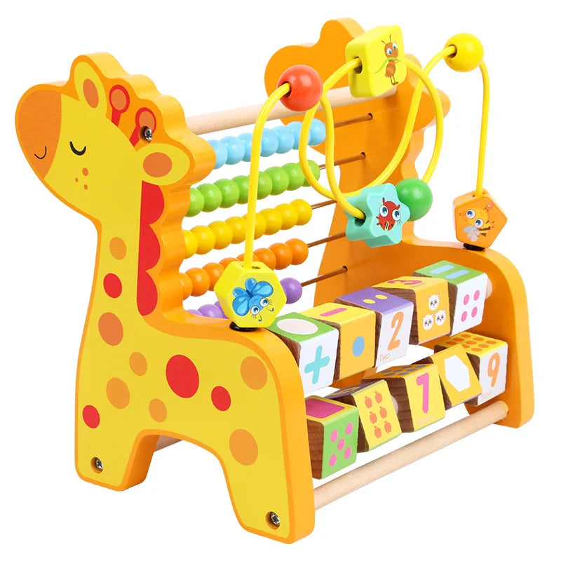 Brinquedo Educativo Multifuncional de Madeira 3 em 1 | Abaco Labirinto Amarado e Cubo Giratório