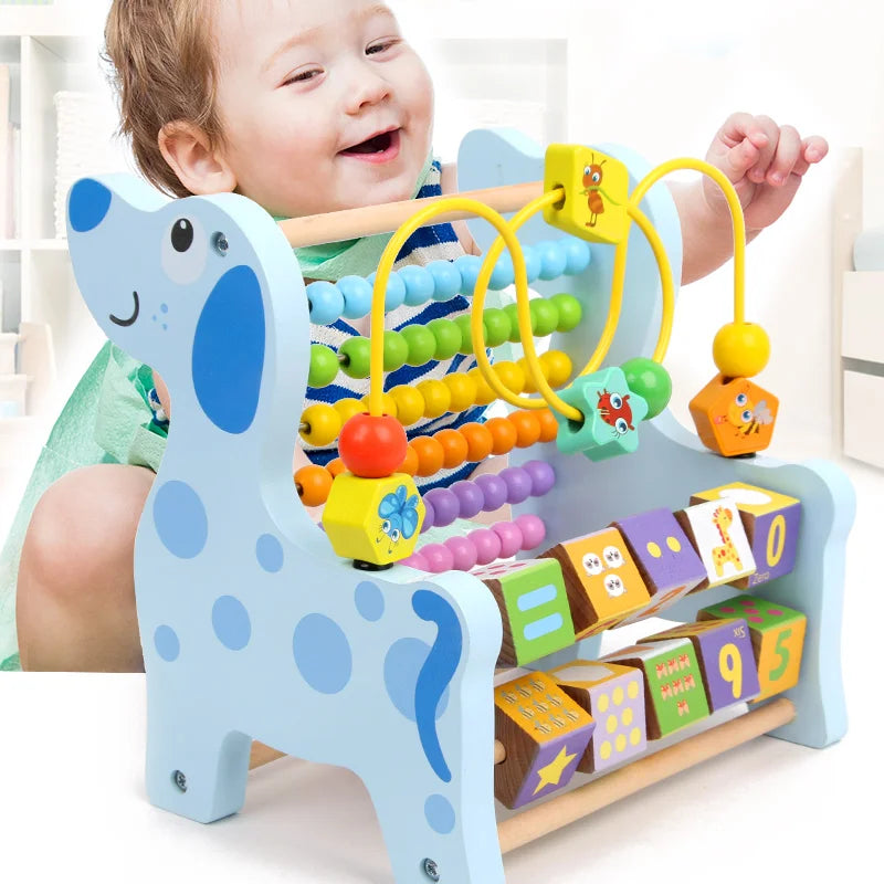 Brinquedo Educativo Multifuncional de Madeira 3 em 1 | Abaco Labirinto Amarado e Cubo Giratório