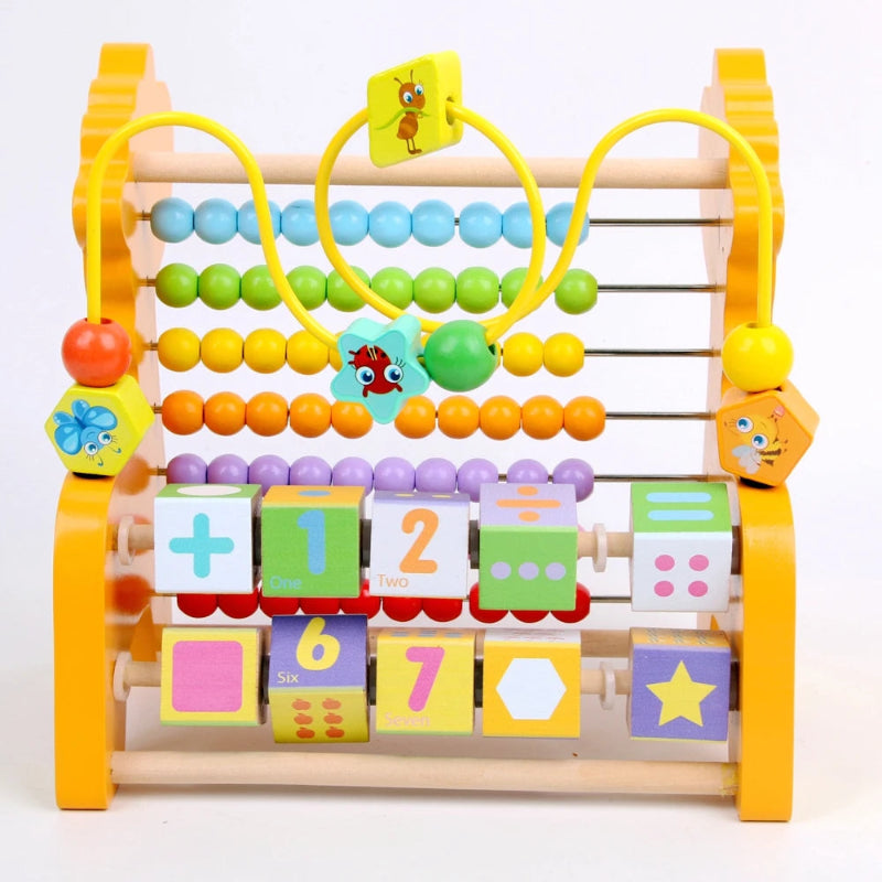 Brinquedo Educativo Multifuncional de Madeira 3 em 1 | Abaco Labirinto Amarado e Cubo Giratório