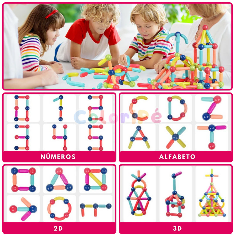 Crianças montando diferentes construções 3D com blocos magnéticos educativos coloridos
