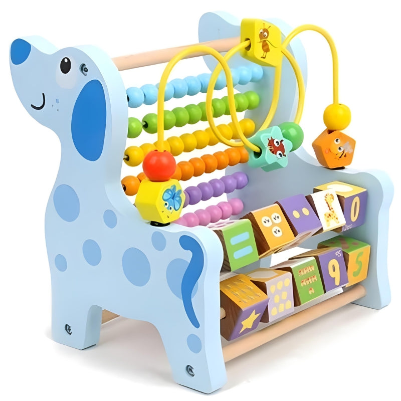Brinquedo Educativo Multifuncional de Madeira 3 em 1 | Abaco Labirinto Amarado e Cubo Giratório