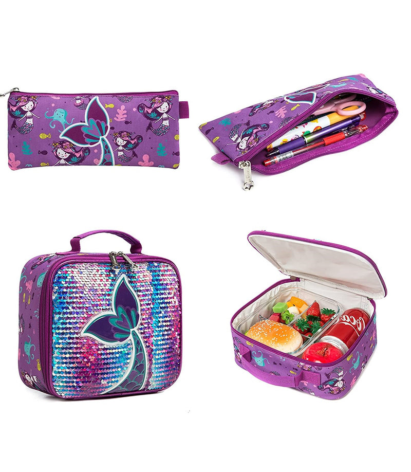 Mochila Infantil com Lancheira e Estojo - Sereia Roxa