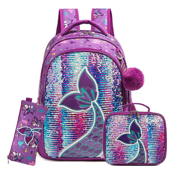 Mochila Infantil com Lancheira e Estojo - Sereia Roxa