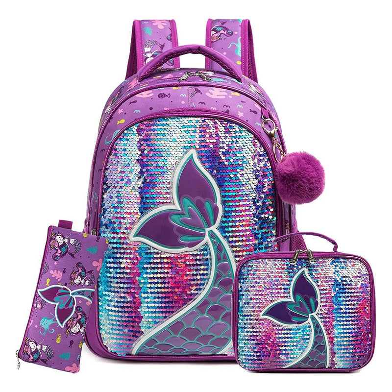 Mochila Infantil com Lancheira e Estojo - Sereia Roxa