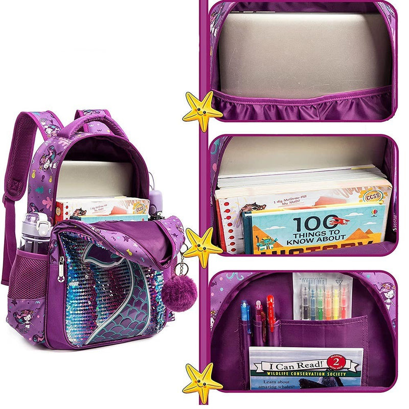 Mochila Infantil com Lancheira e Estojo - Sereia Roxa