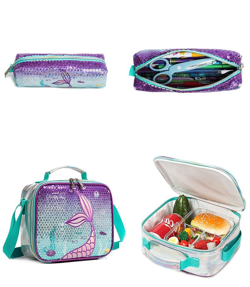Mochila Infantil com Lancheira e Estojo - Sereia Verde